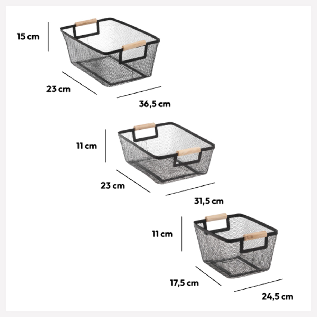 3 paniers de rangement métal Noir