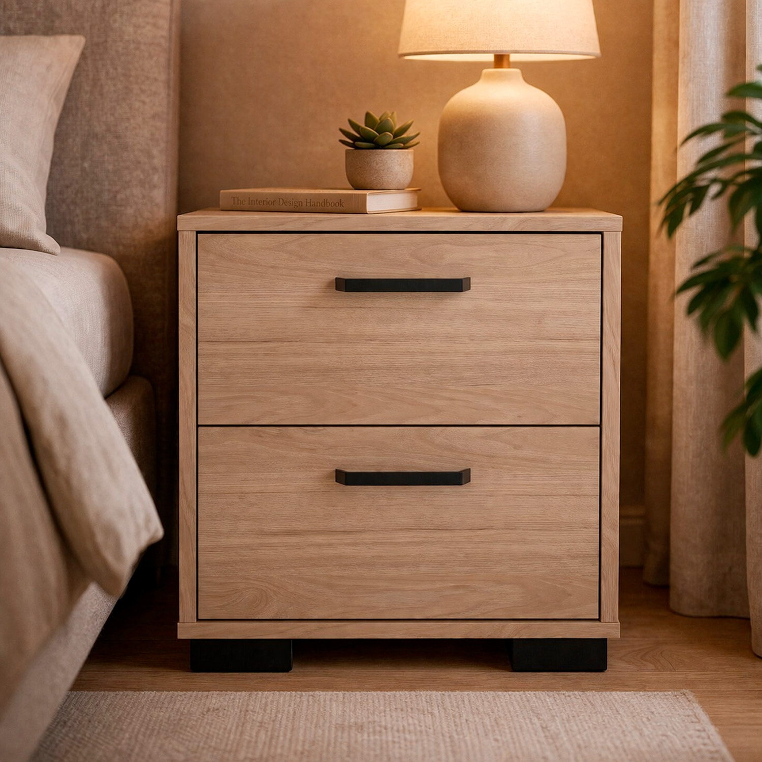 Comodino 2 Cassetti Notte Moderno Guide In Acciaio A Scorrimento Design Essenziale Salvaspazio Camera Da Letto Cameretta 40.2 x 39.8 x 44.3 Cm Rovere