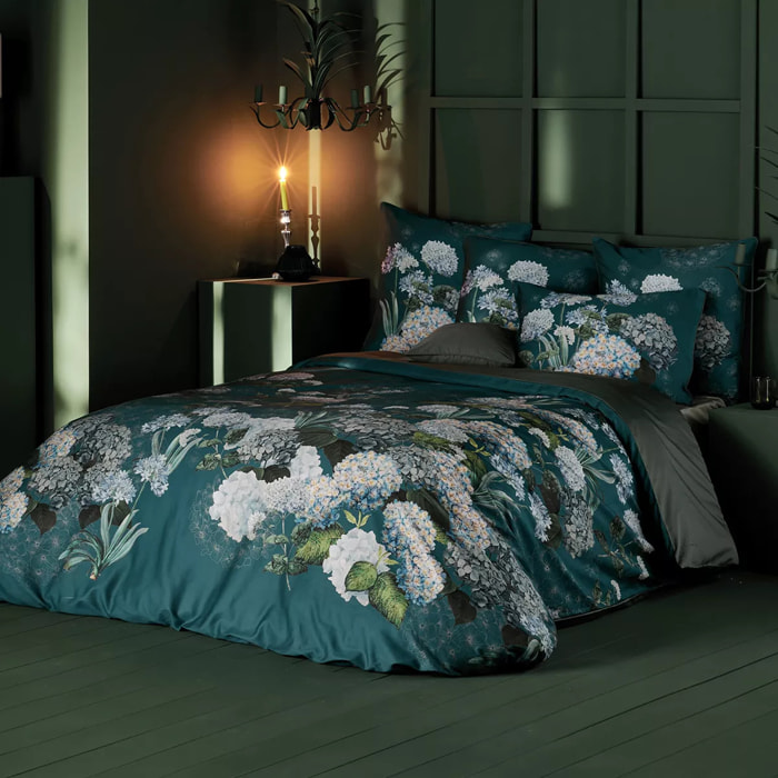 Housse de couette satin de coton 115 g/m² imprimé bleu vert Maelys satin canard