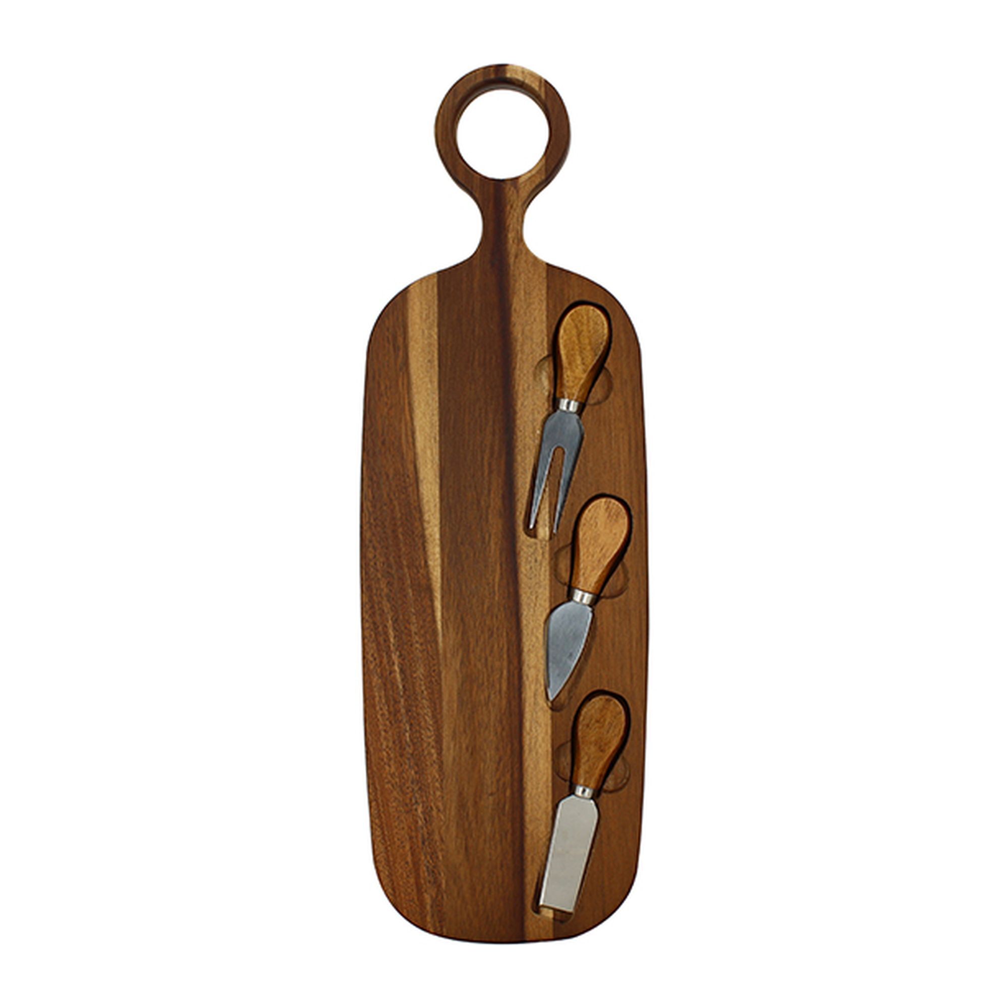 Planche à découper en bois d'acacia 49x16cm avec 3 couteaux à fromage COPA