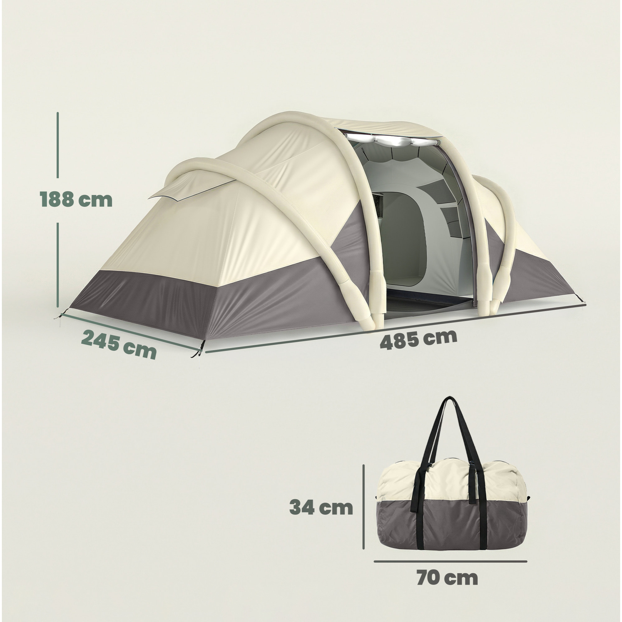Tente gonflable camping 2-4 personnes 3 pièces auvent imperméabilité 3000mm crème taupe-gris