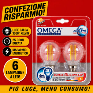 OMEGA Set 6 Lampadine Filament LED Sfera 4W E14 3000K