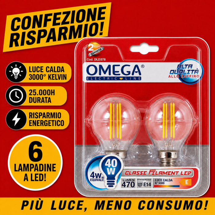 OMEGA Set 6 Lampadine Filament LED Sfera 4W E14 3000K