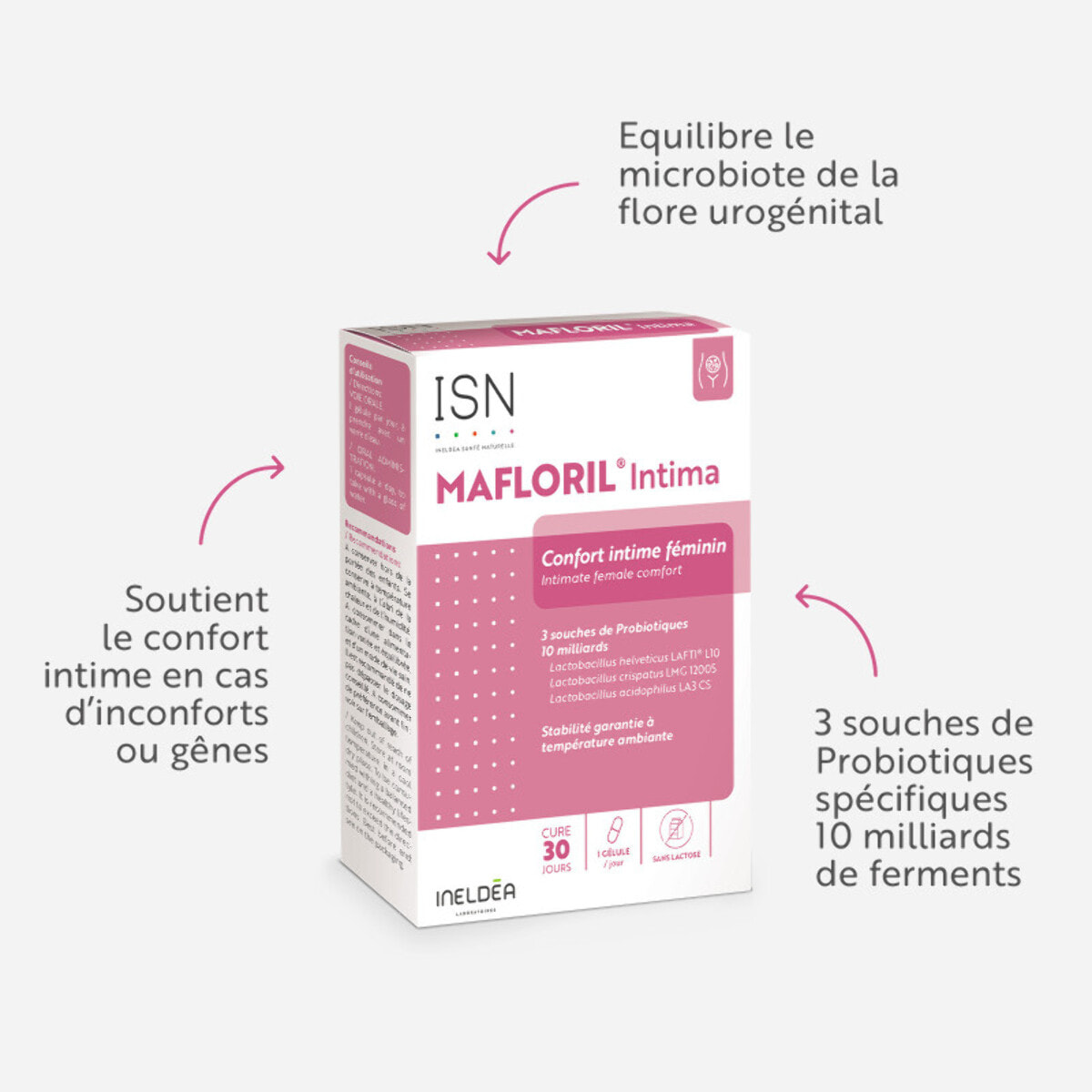 ISN - Mafloril Intima - Complément alimentaire à base de 3 souches de probiotiques - Soutien de la flore intime - 10 milliards de ferments - Cure 30 jours