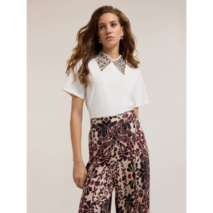 Motivi - T-shirt con colletto ricamato con pietre - Bianco