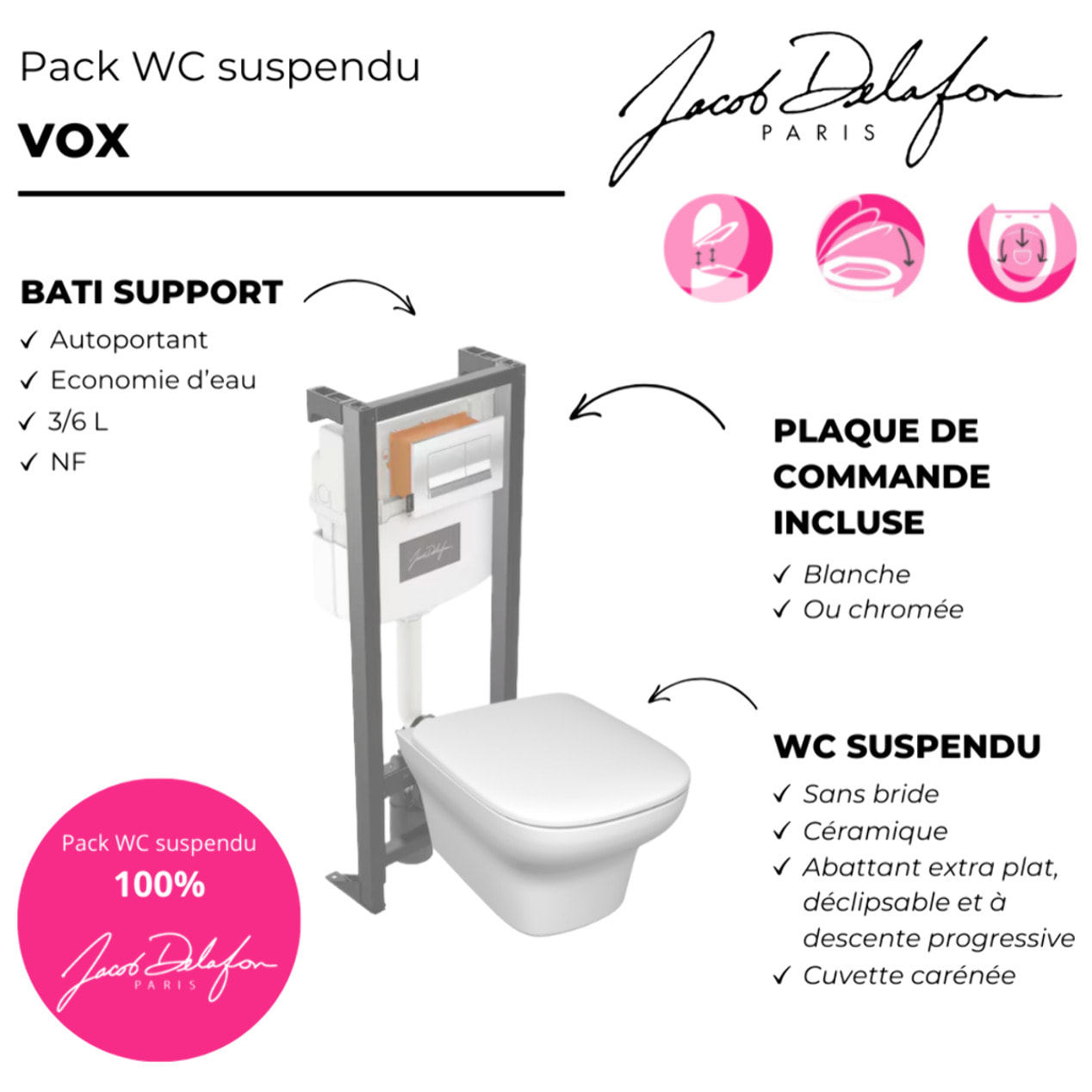 Pack WC suspendu sans bride Vox + bâti support + abattant + plaque chromée