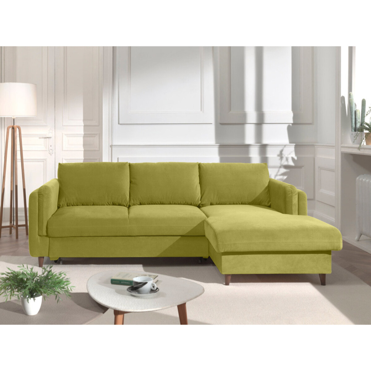 Brooke - canapé d'angle droit - convertible avec coffre - 4 places - en velours - Vert Olive
