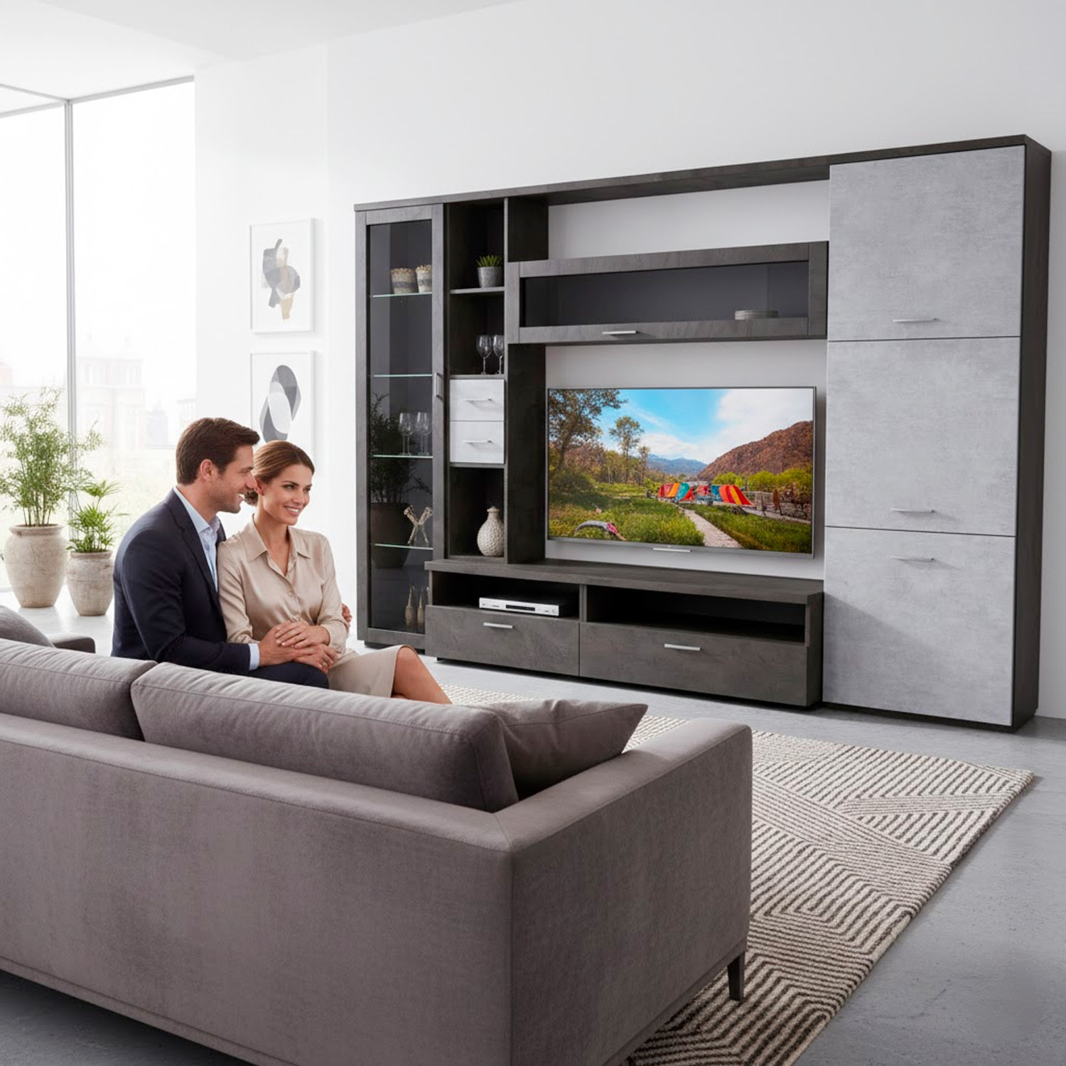 Parete Attrezzata Soggiorno Mobile Porta TV Con Vetrina E Cassetti Design Moderno Industrial Chic Con Ampio Vano TV 270 x 213 x 50 Cm Ossido E Grigio Cemento