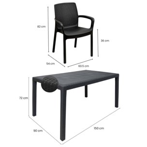 Set salotto da esterno Lograto, Salottino outdoor e indoor, Tavolo rettangolare fisso con 4 sedie impilabili, Made in Italy, Antracite