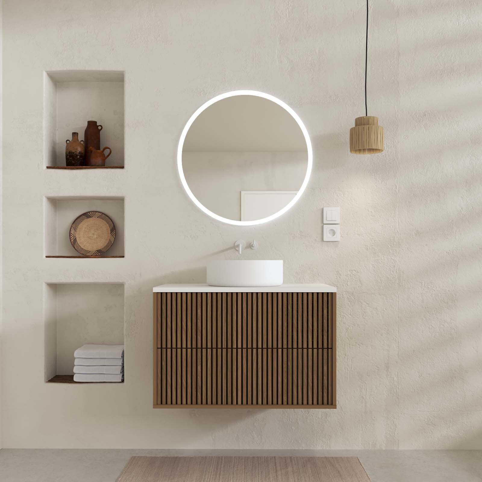 Meuble Salle de Bains 60 2 Tiroirs Décor Chêne et Noir - Vasque et Plan Blancs - Miroir LED 60