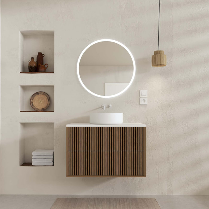 Meuble Salle de Bains 60 2 Tiroirs Décor Chêne et Noir - Vasque et Plan Blancs - Miroir LED 60