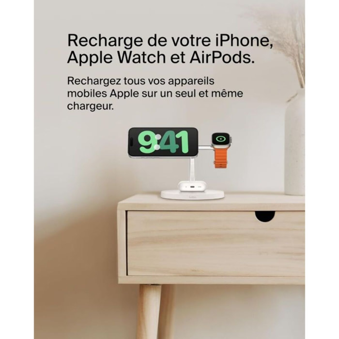 Chargeur induction BELKIN 15W Boost Charge Pro 3en1 Qi2 Blanc