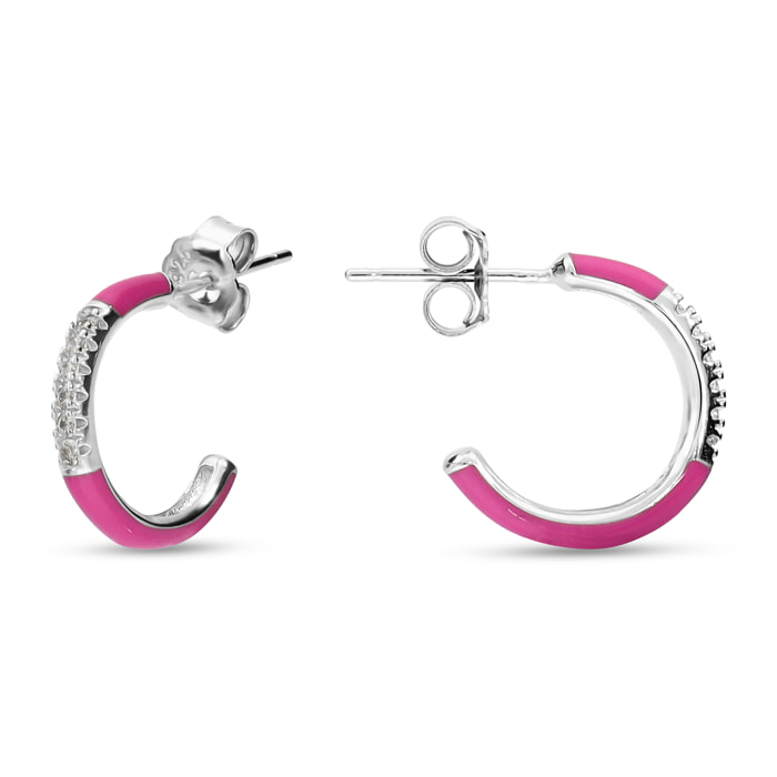 Orecchini Smaltati Fucsia in Argento 925 con Pavé di Cubic Zirconia