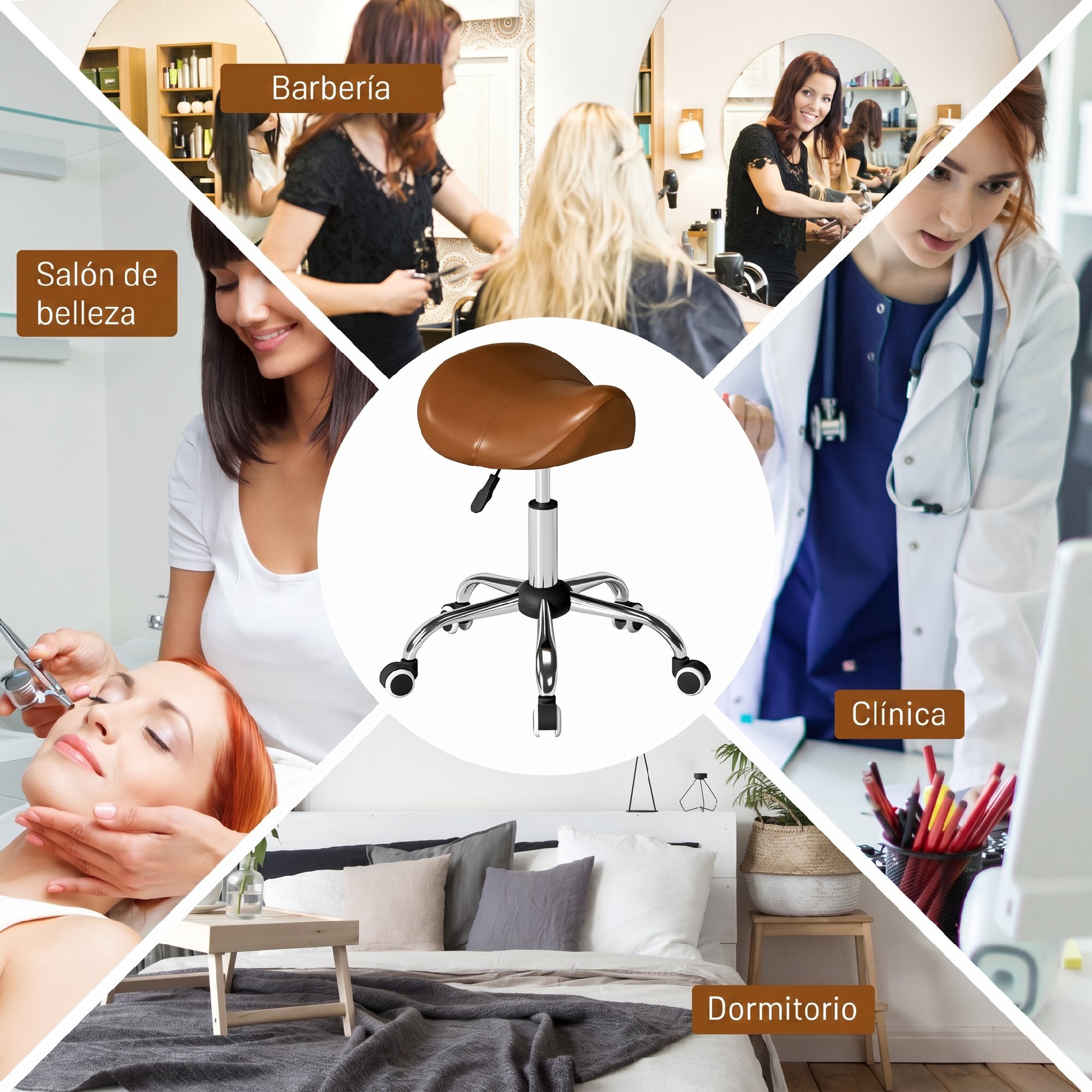 Taburete con Ruedas Taburete Giratorio Cosmético con Altura Ajustable Asiento Acolchado y Amplio Dentista Peluquería Carga 120 kg 52x53x49-61 cm Marrón