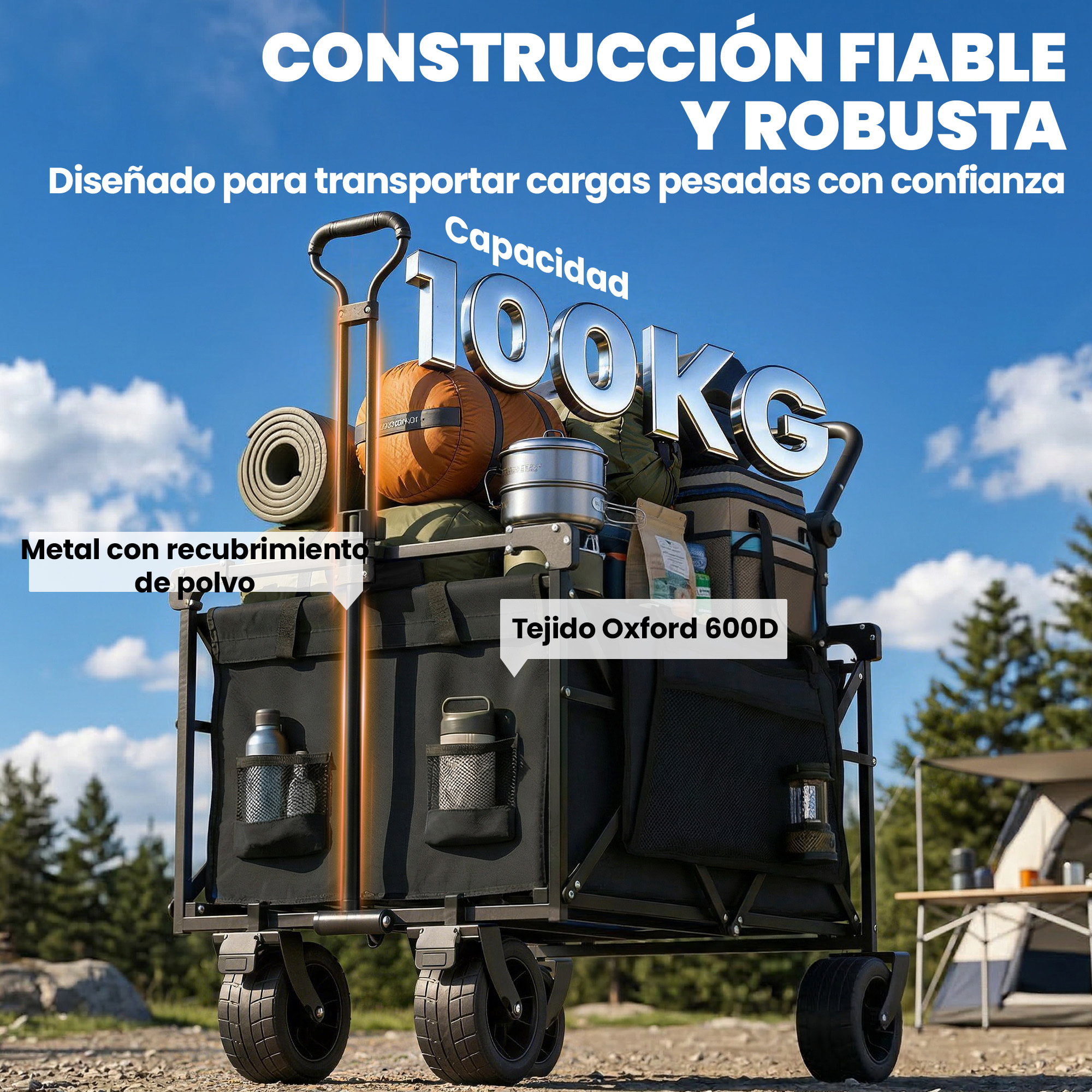 Carro Playa con Ruedas Grandes con Freno, Techo Extraíble, Carro Plegable para Jardín con Barra Ajustable, Portavasos y Bolsillos, Carga 100 kg, para Todo Terreno, Campaña, Compras, Negro