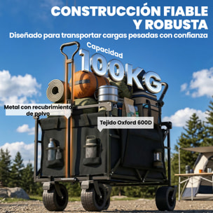 Carro Playa con Ruedas Grandes con Freno, Techo Extraíble, Carro Plegable para Jardín con Barra Ajustable, Portavasos y Bolsillos, Carga 100 kg, para Todo Terreno, Campaña, Compras, Negro