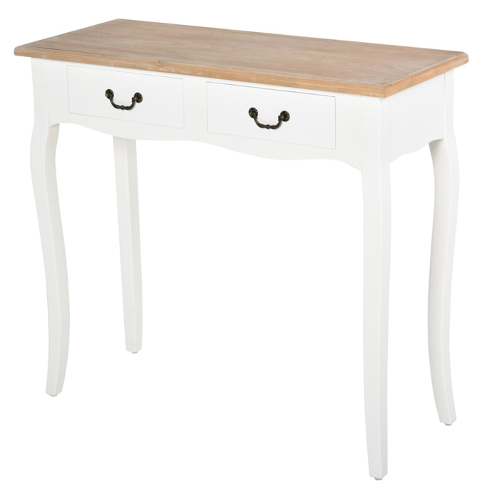 Console style table de drapier style shabby chic 2 tiroirs dim. 87L x 34l x 78H cm MDF bois massif pin clair blanc