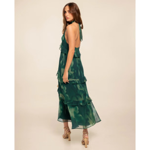 Vestido midi con escote halter y volantes