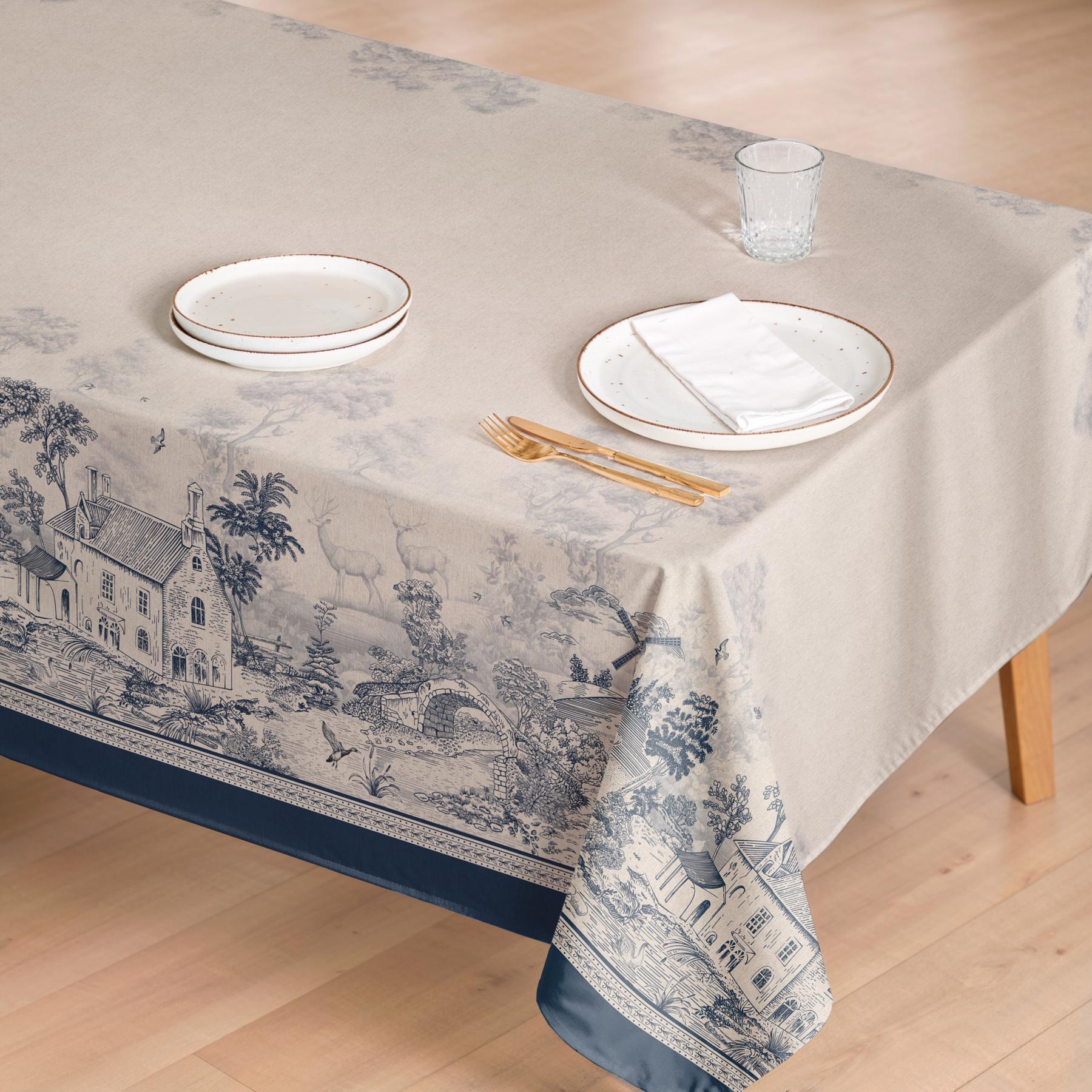 Nappe imprimée anti-taches BLEU JUTE