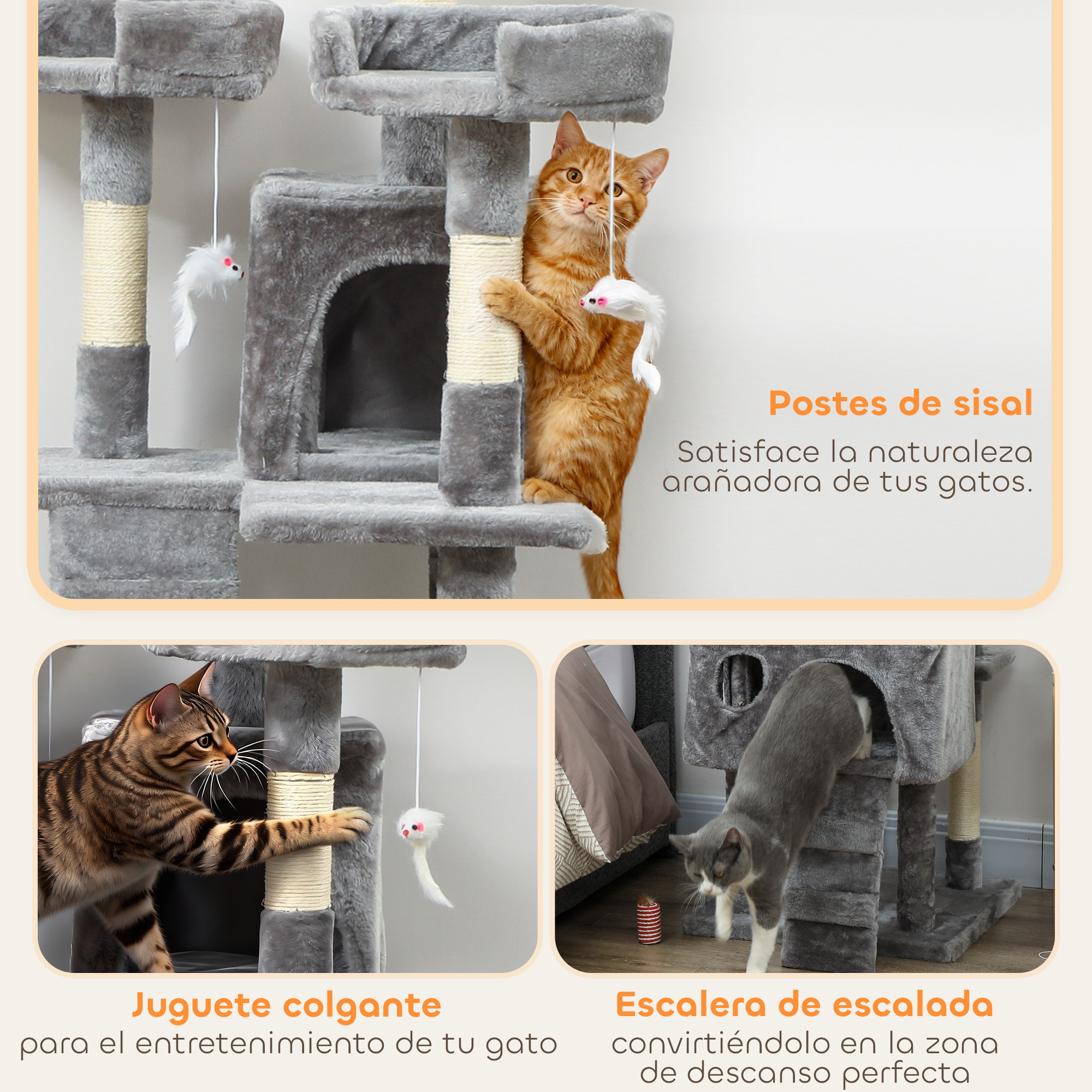 Árbol Rascador para Gatos, Árbol para Gatos 153 cm, Torre Escalador con 2 Cuevas, 3 Camas, 2 Rampas, Postes de Sisal, 2 Ratones Colgantes, Gris