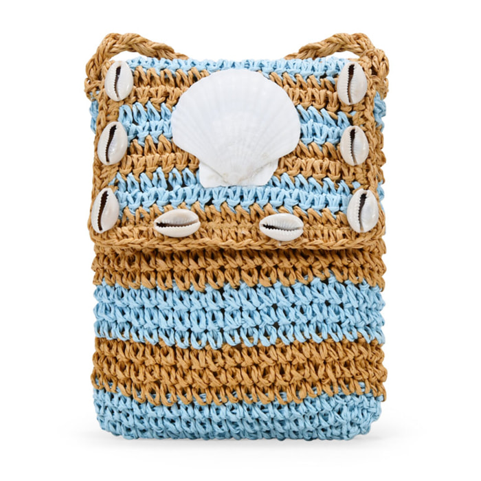 Bolso para móvil azul en rafia con conchas