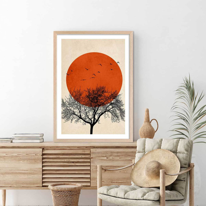 Affiche ""soleil rouge graphique"" Affiche + cadre en bois - Chêne