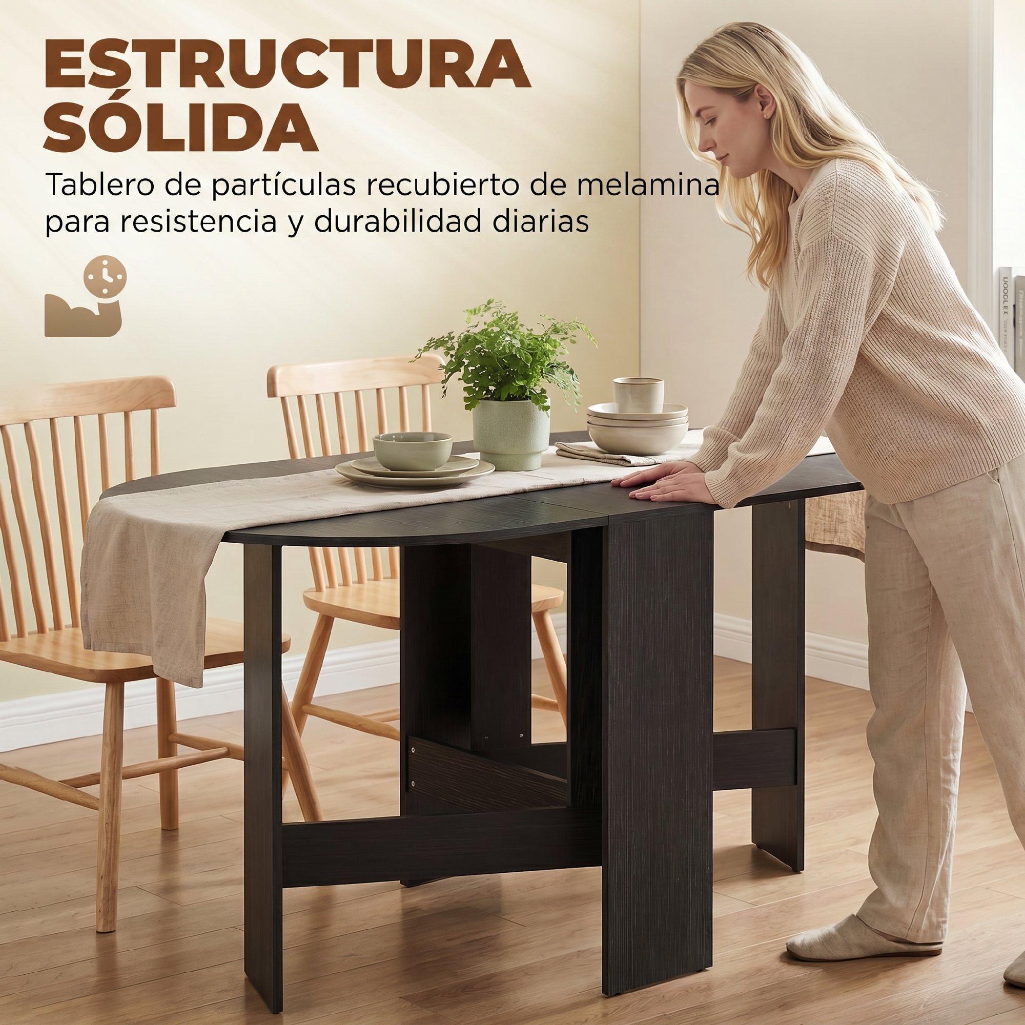 Mesa Plegable de Comedor, Mesa de Cocina Plegable Ovalada, 163x80x75 cm con Alas Abatibles, Hasta 6 Personas, para Comedor, Salón, Espacio Pequeño, Negro