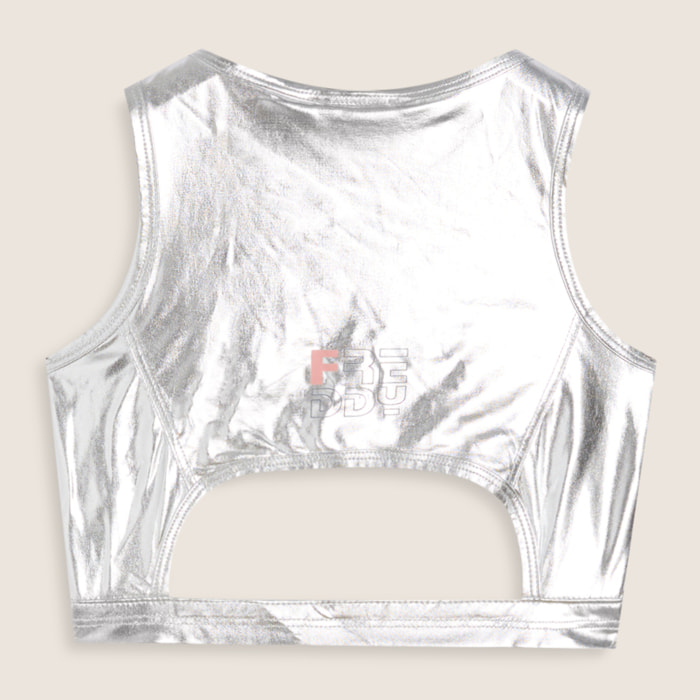 Top Bambina in Tessuto Tecnico Argento con Cut Out