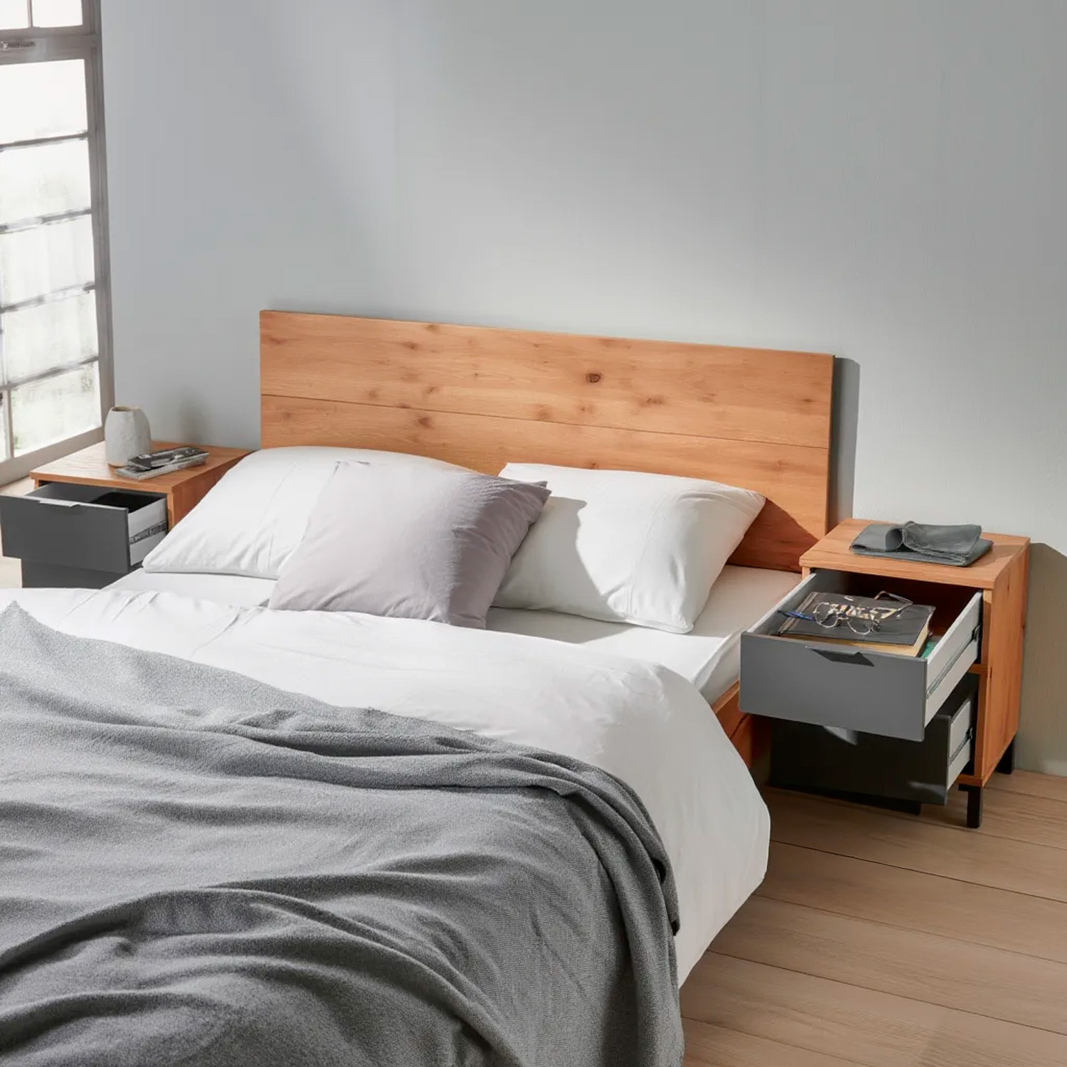 Set Testiera Letto Matrimoniale Con 2 Comodini Design Moderno Per Letti 135 E 150 cm Con Cassetti Camera Letto 60x160x2,5 Cm Rovere e Grigio Antracite