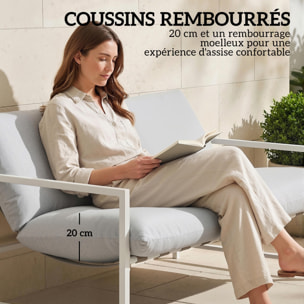Ensemble canapé jardin épais coussins table basse design gris clair