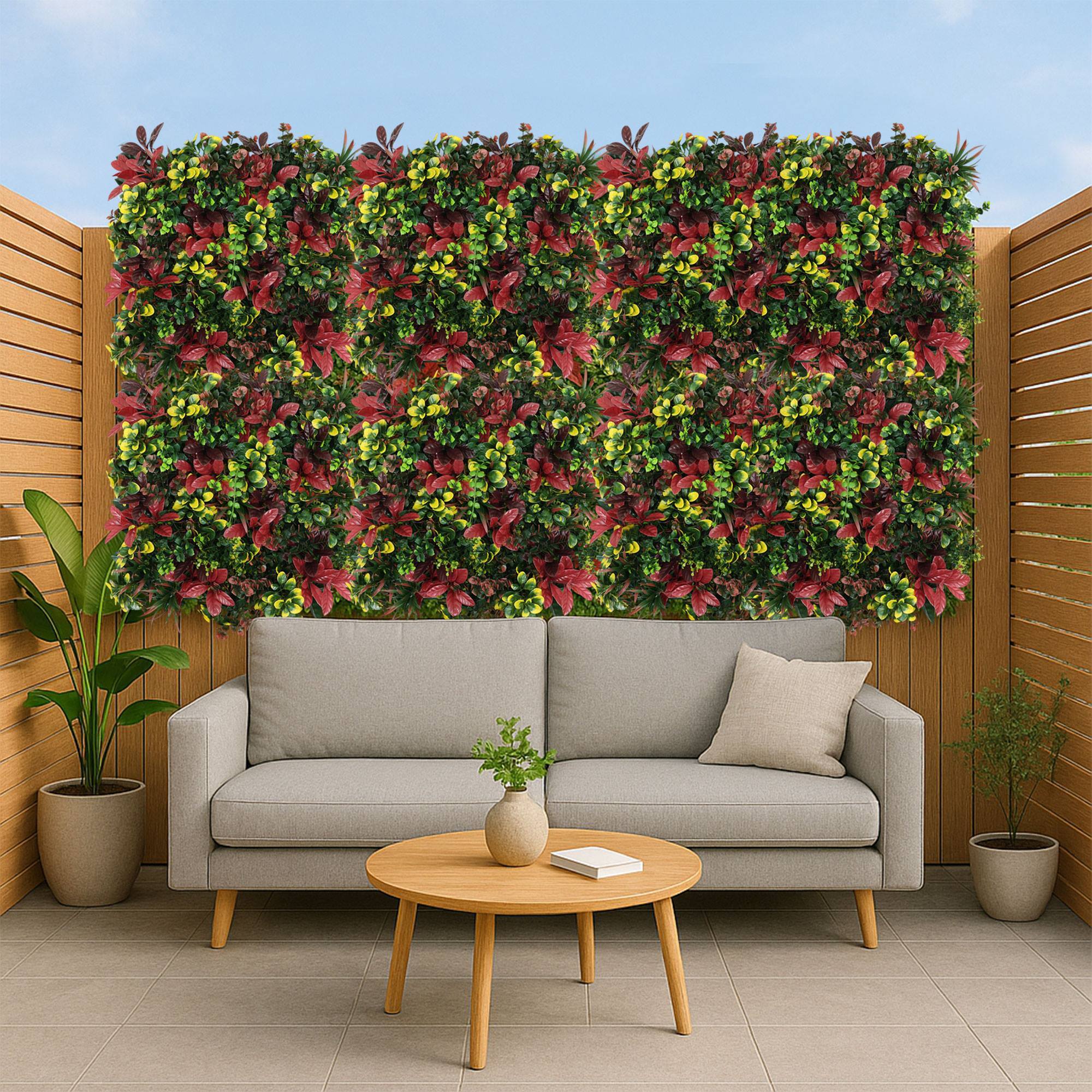 Well home jardín vertical artificial, panel de seto 100x100cm, para decoración interior y exterior en colores rojos y verdes para decoración natural