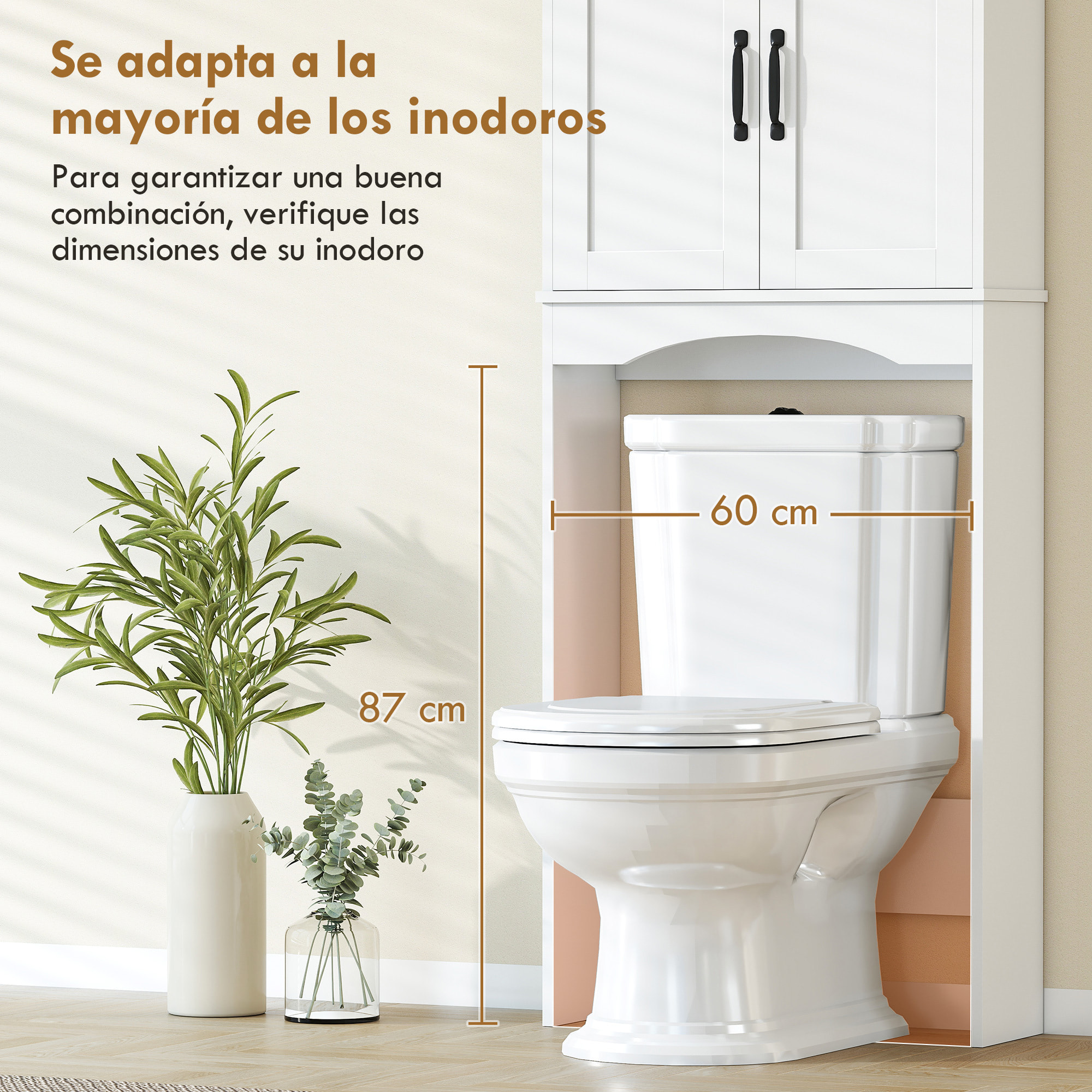 Mueble sobre Inodoro, Armario sobre Inodoro, Mueble de Baño con 2 Puertas de Cierre Silencioso, Estante Abierto para Lavanderías, Espacios Pequeños, 64x21x173,5 cm, Blanco