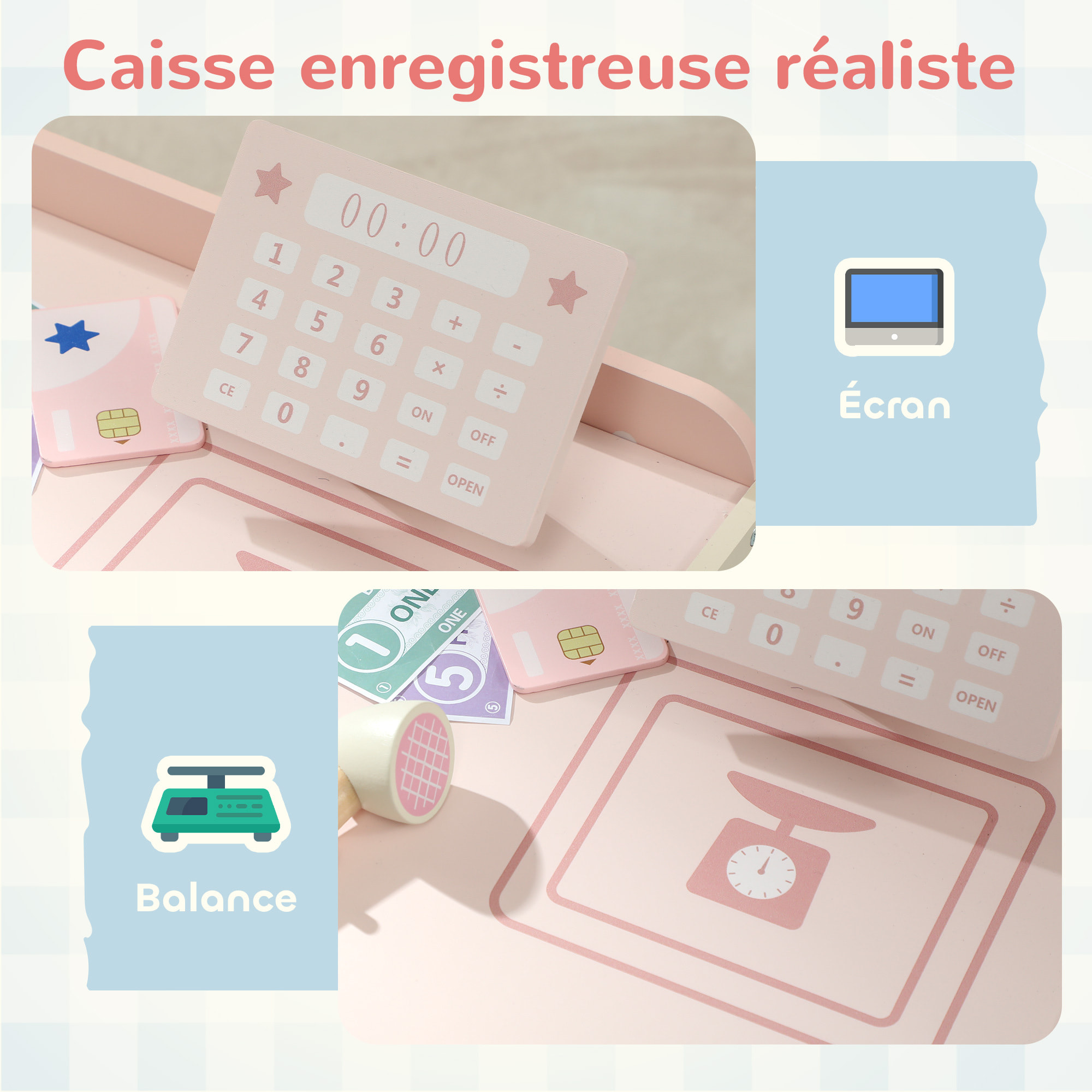 Jeu de la marchande en bois - jeu imitation supermarché enfant - beige rose