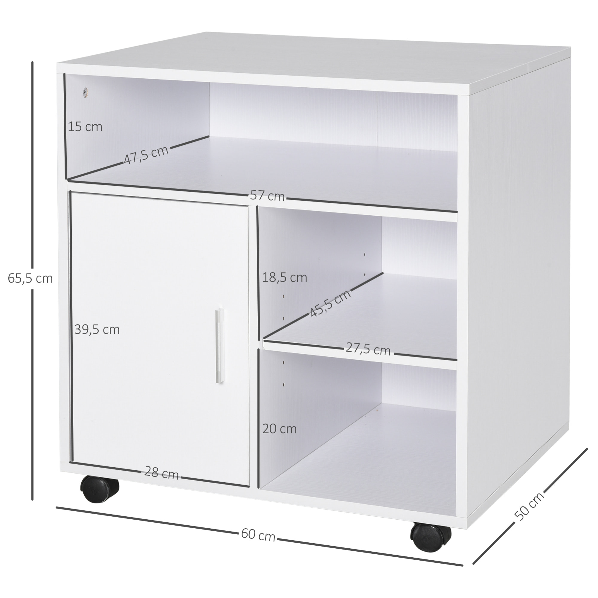 HOMCOM Support d'imprimante organiseur bureau caisson placard porte 3 niches + grand plateau panneaux particules blanc