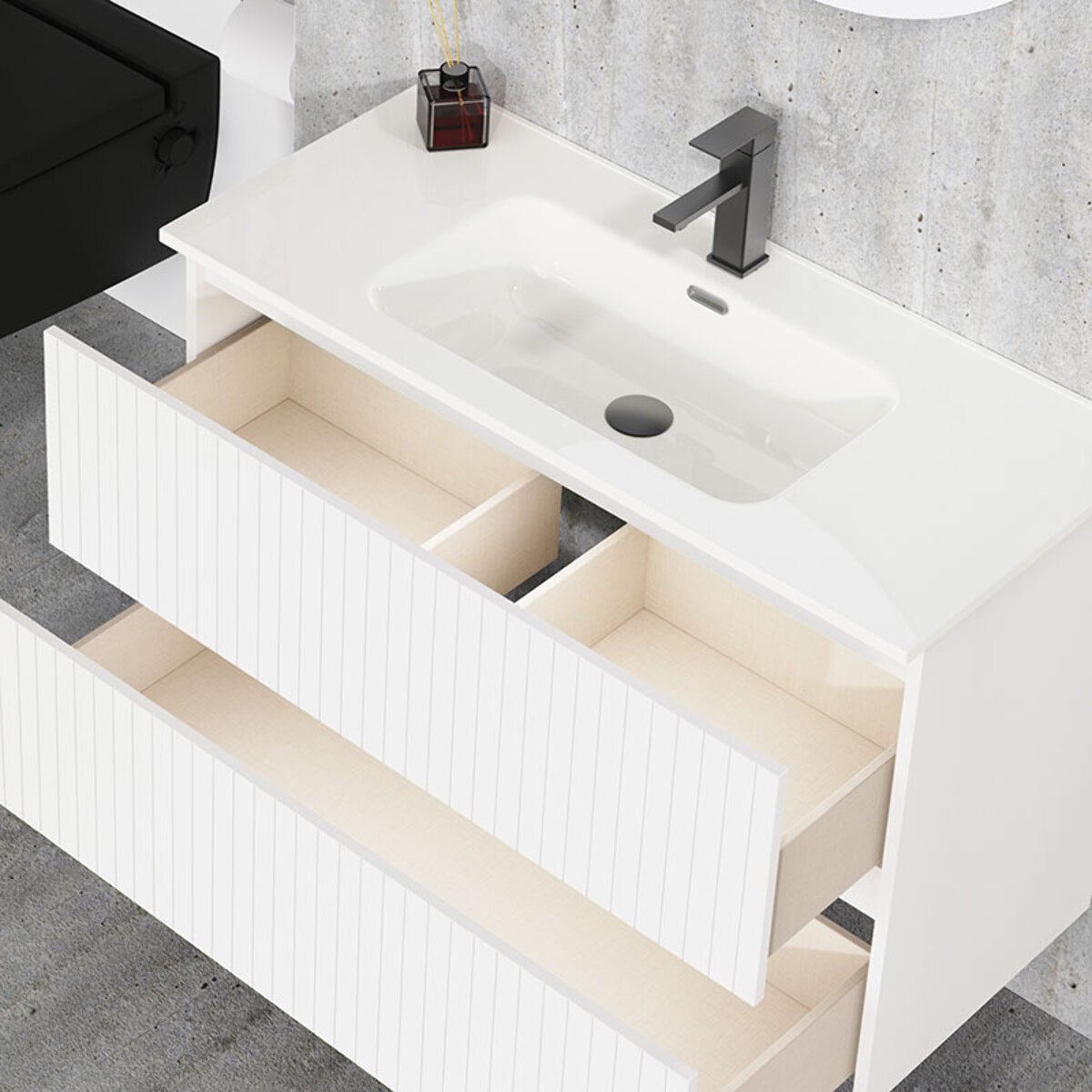 Conjunto de Baño Miya | Mueble de Baño Suspendido | 100 cm Blanco| Dos Cajones | Lavabo Encastrado | No incluye Espejo | Alday