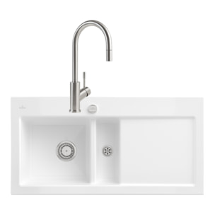 Evier Subway Pure 60 1 bac et demi égouttoir à droite vidage auto + Robinet Umbrella Flex Acier Massif