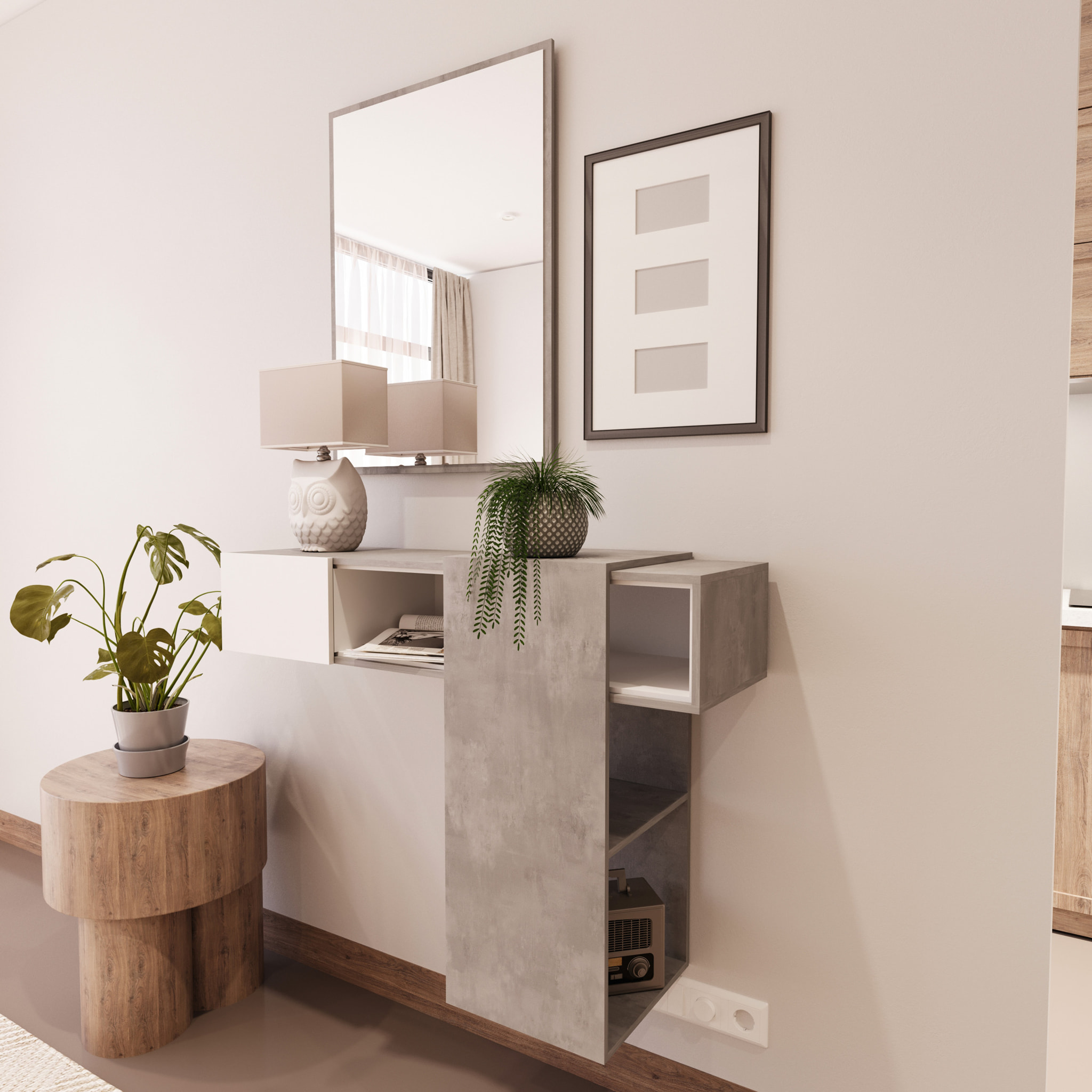 Mobile Danzica Mobiletto da Ingresso Mensola Sospesa con Specchio E Ripiani Scorrevole Arredo Arredamento Sala 100 x 31.5 x 75 cm Bianco e Cemento