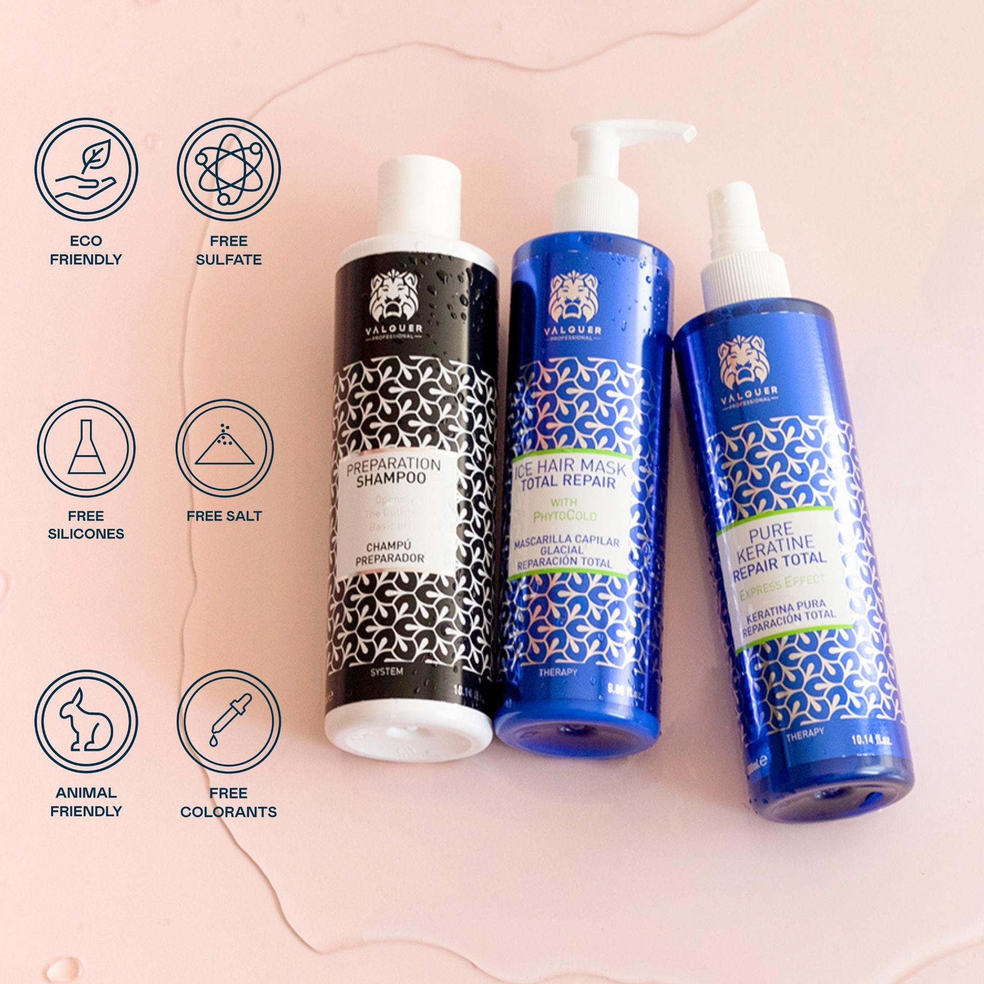 Valquer Pack cold keratin Champú preparador + Keratina + Ice Hair Mask Total Repair