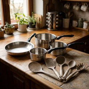 Lot Poêle et 3 Casseroles 12/16/20 cm Fackelmann Geneva avec 5 ustensiles Vario