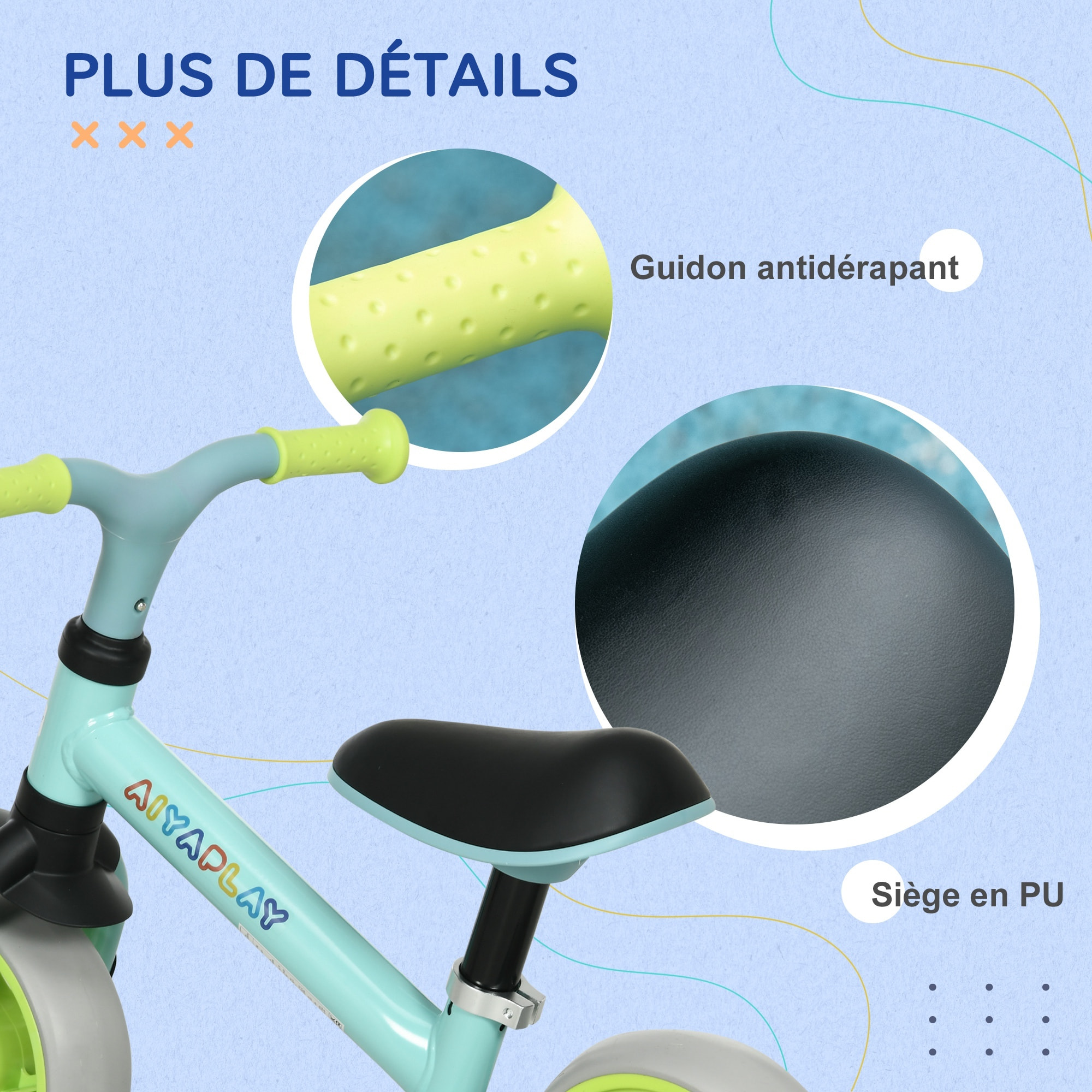 Draisienne enfant selle réglable roues EVA charge max. reco. 25 Kg acier bleu ciel