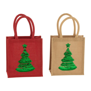 J-Line Sac Sapin De Noel Sequin Jute Naturel/Rouge Assortiment De 2