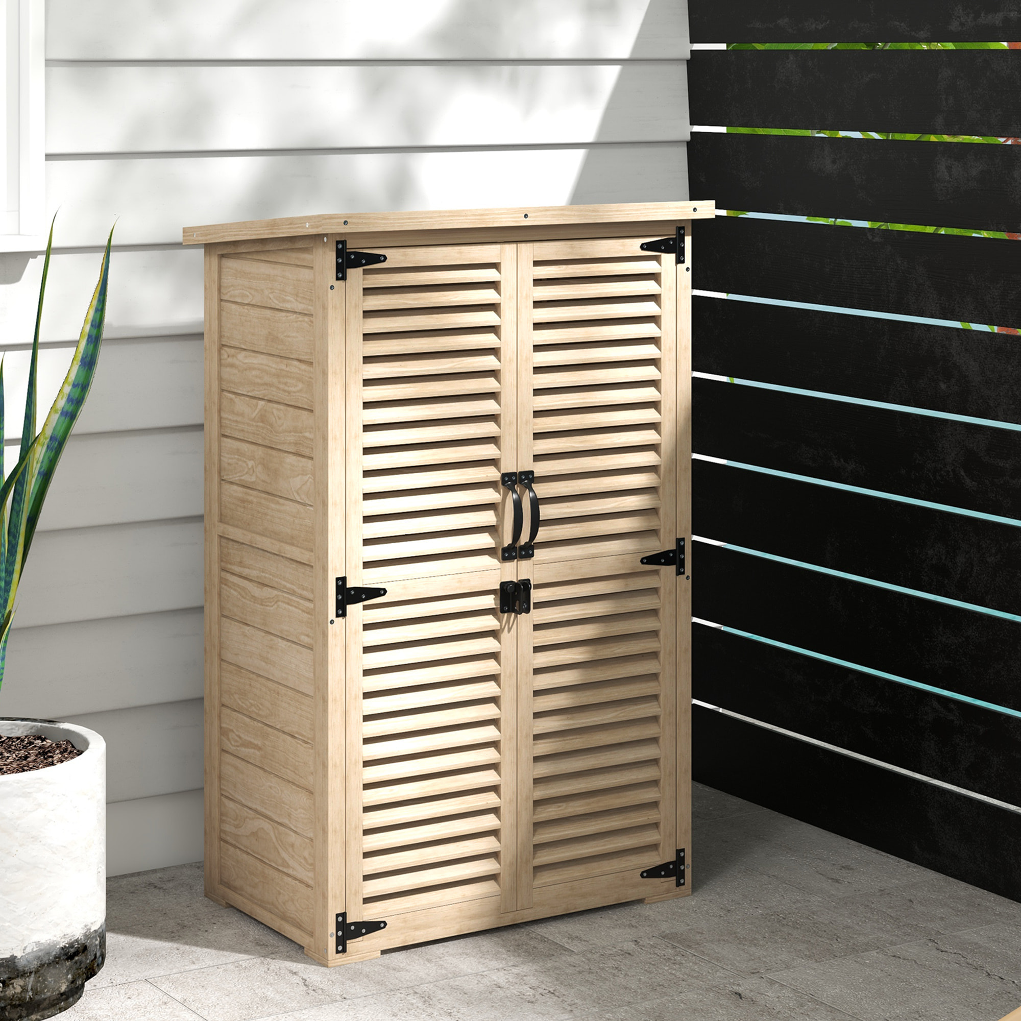 Caseta de Jardín de Madera, 75x50x118 cm, Cobertizo Jardín Exterior, Armario para Almacenaje Herramientas, con 2 Puertas de Persiana 2 Estantes y Techo Impermeable para Patio Terraza, Natural