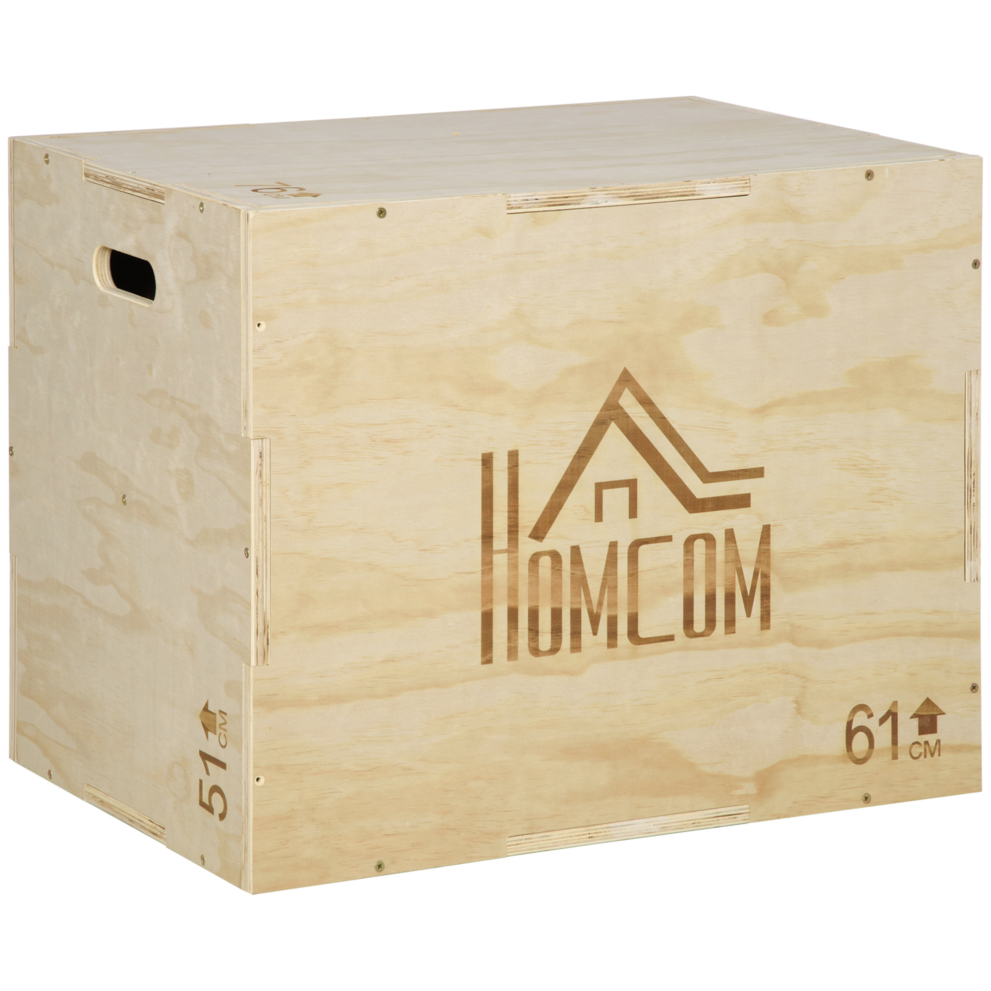 Caja Pliométrica de Madera 3 en 1 Caja de Salto con 2 Mango Hueco Entrenamiento de Fuerza en Casa Oficina Gimnasia CrossFit Carga 120 kg 61x51x76 cm Madera Natural