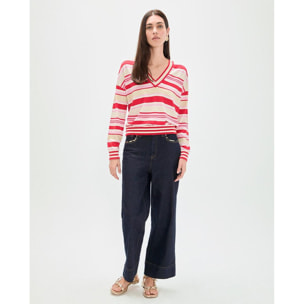 Maglione con scollo a V e righe tricolori
