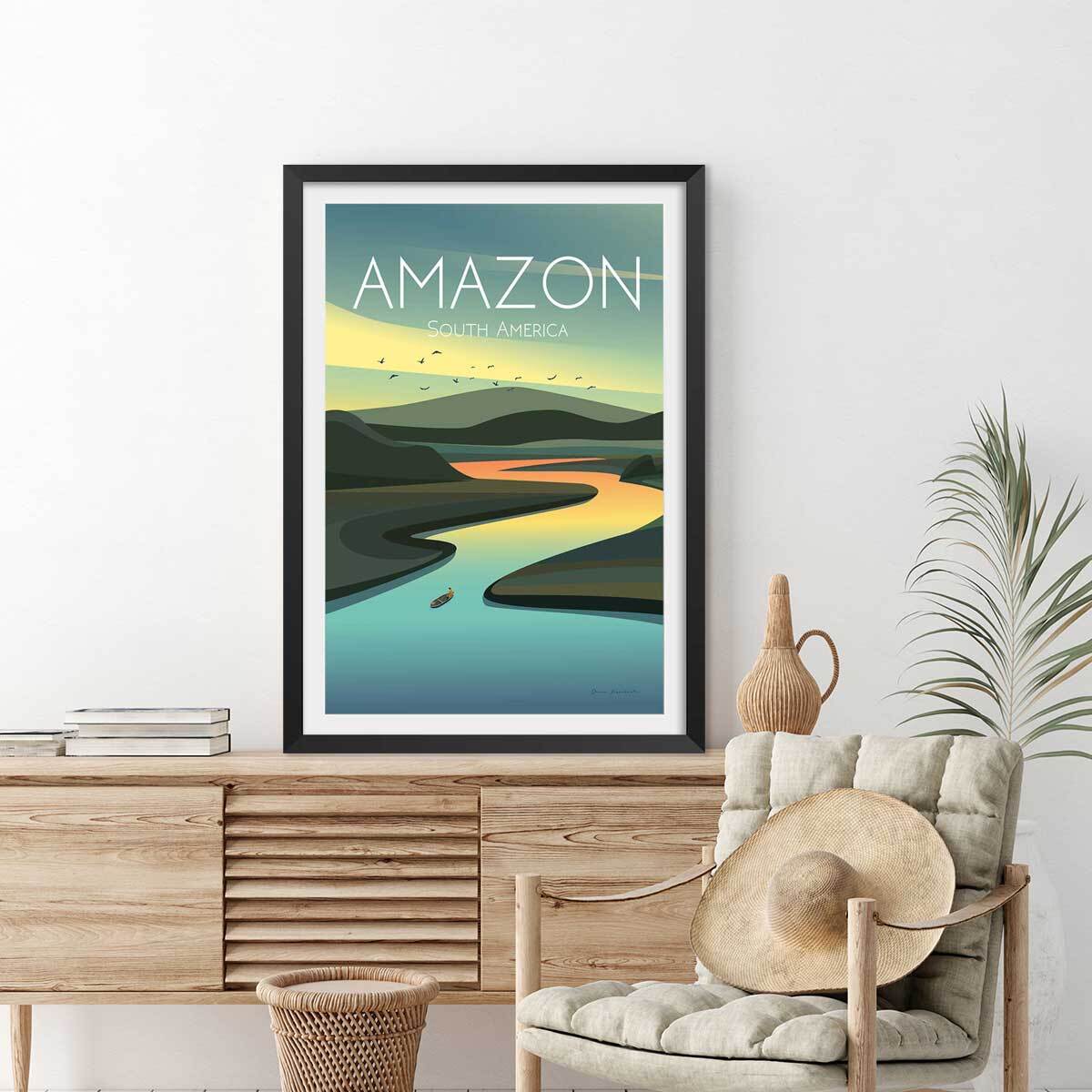 Affiche voyage Fleuve d'Amazonie Affiche + cadre en bois - Noir