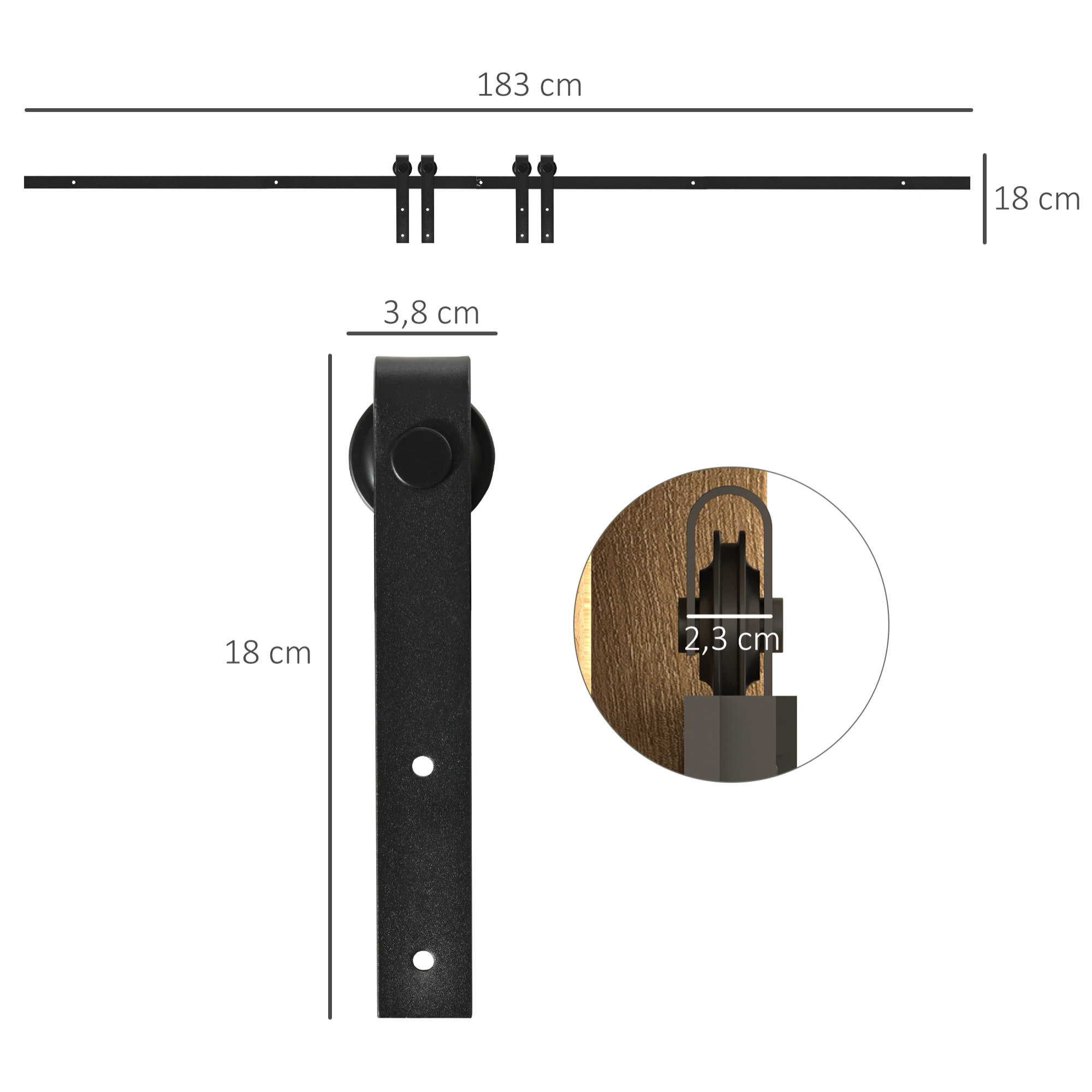 Herrajes Puertas Correderas 183 cm, Kit para Puerta Corredera Doble de Madera Ancho 45 cm, Mueble de TV, Armario, Acero al Carbono, Negro