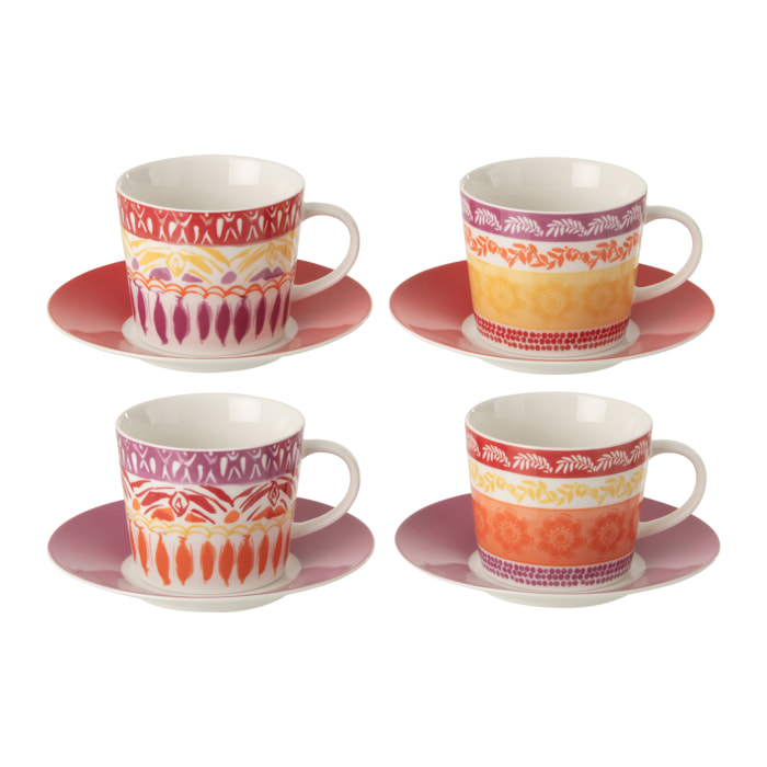 J-Line Tasse + Sous-tasse - céralique - violet/rouge - large - set de 4