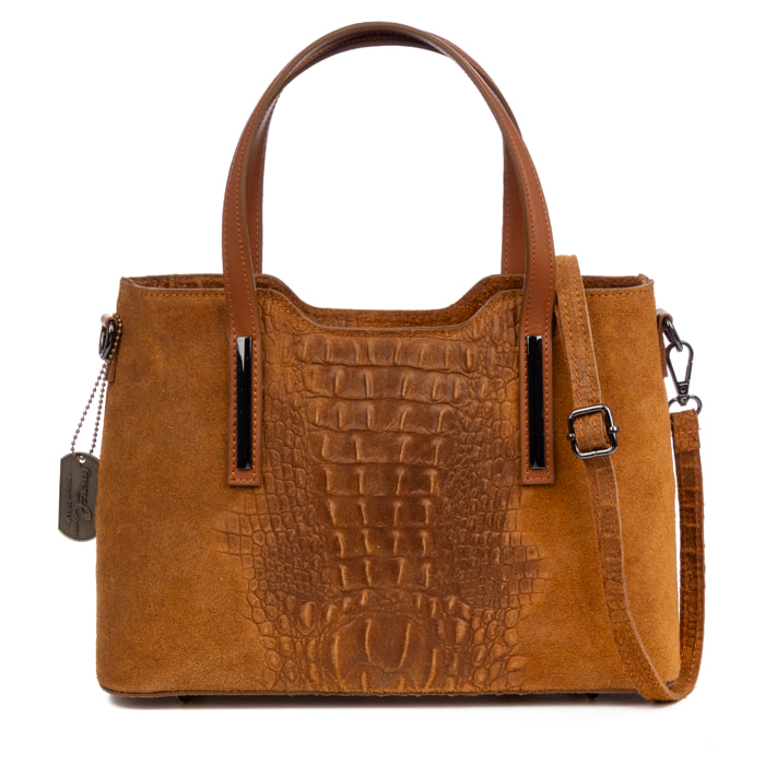 Fiesole borsa tote donna. Vera pelle Camoscio effetto coccodrillo.