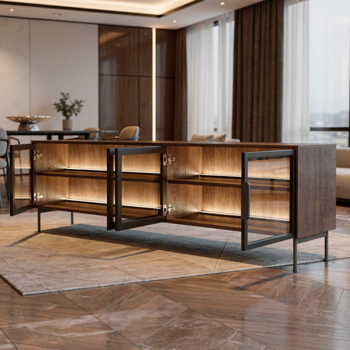 Mobile Porta TV Con 4 Ante In Vetro Temperato E Luce Led Integrata Ampio Spazio Design Elegante Moderno Soggiorno Camera 181.3 x 39.3 x 61.6 cm Rovere scuro