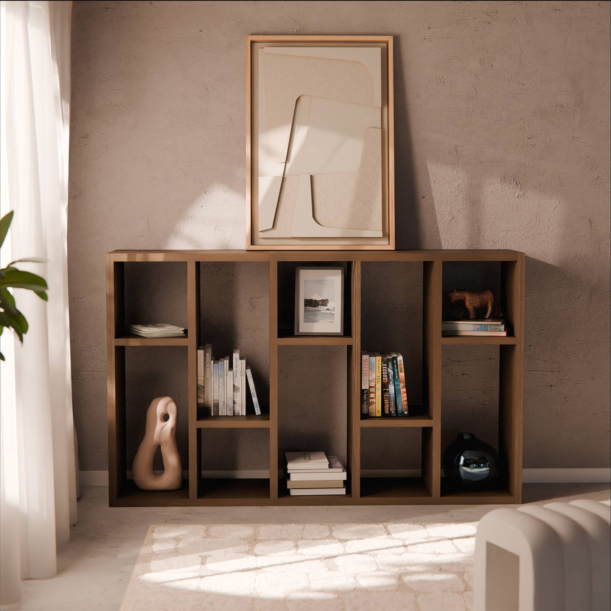 Etagère bibliothèque asymétrique 5 niveaux 10 compartiments. casiers. effet bois de noyer. L 111.2 x P 39 x H 190cm